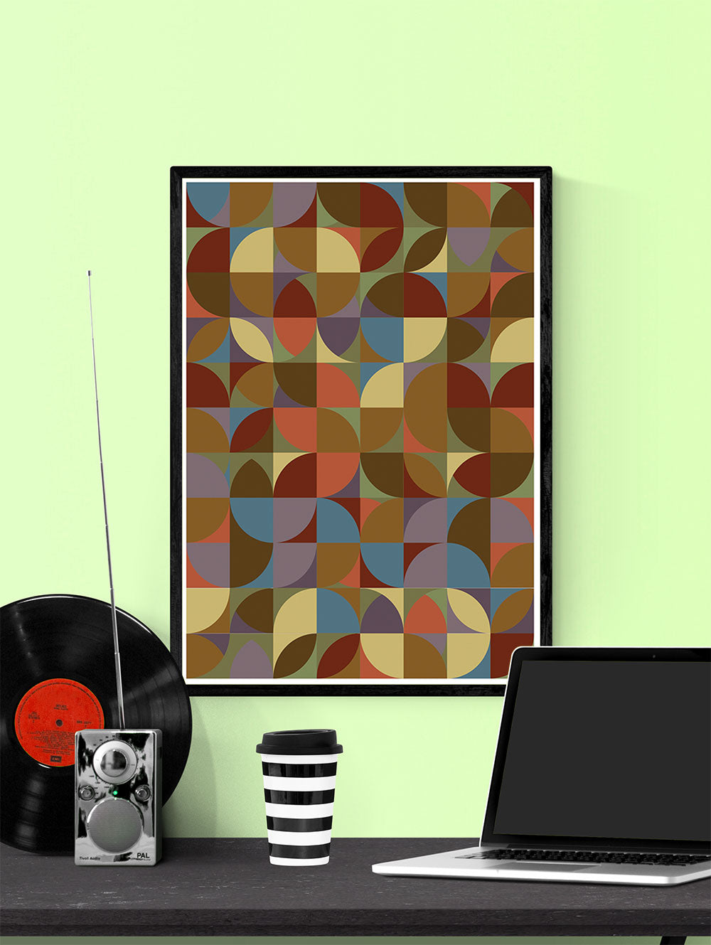 Retro Scales 5 Retro Pattern Art Print in a frame on a wall