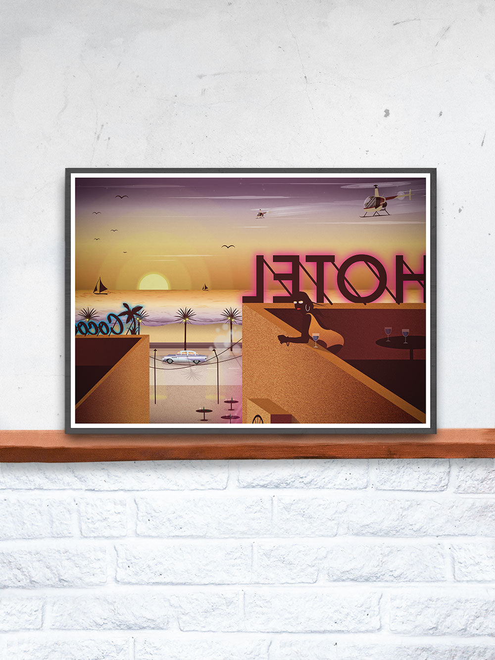 Rooftop Dreamin Night Life Art Print in a frame on a shelf