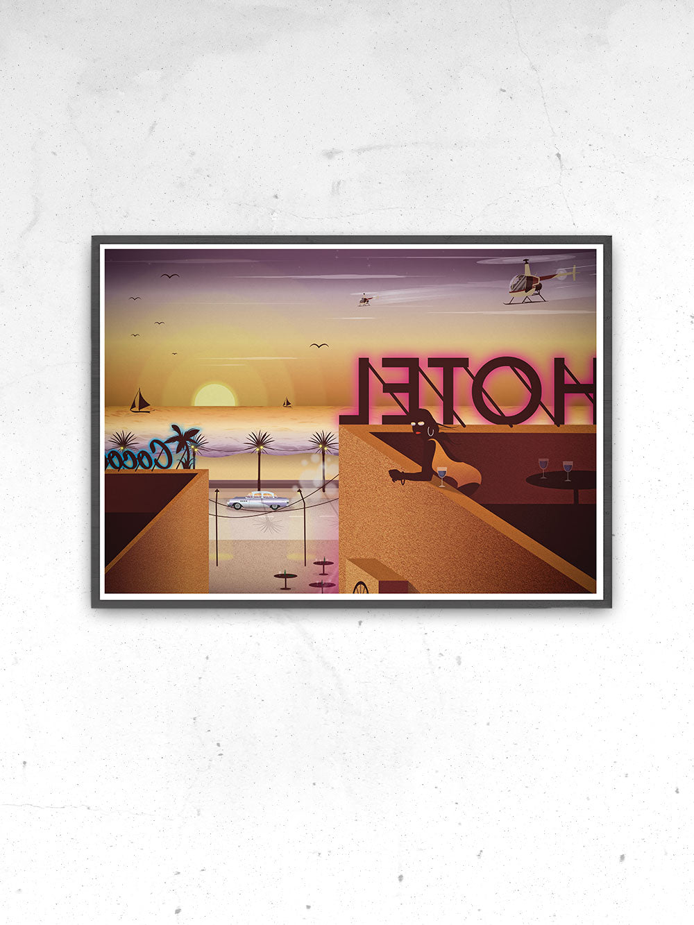 Rooftop Dreamin Night Life Art Print in a frame on a wall