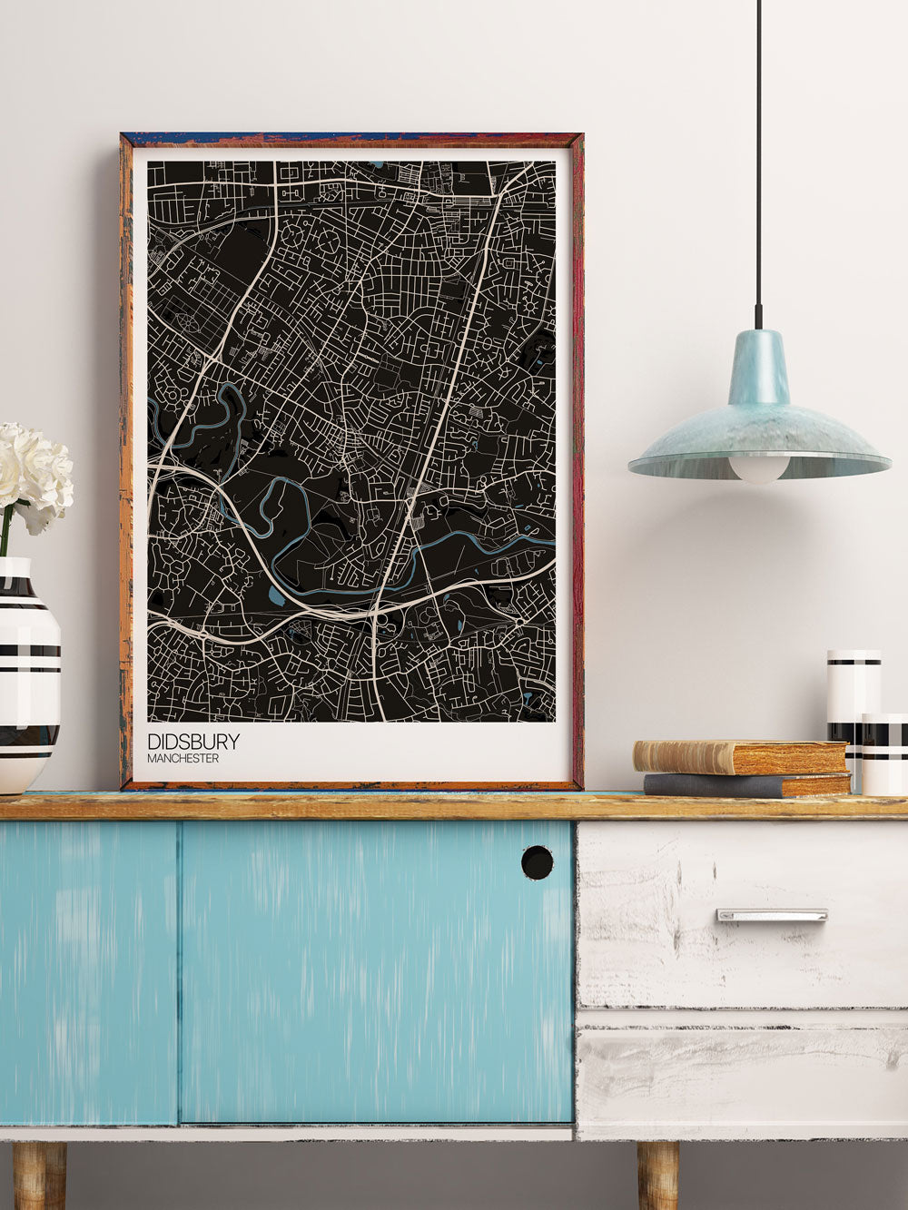 Didsbury Manchester Map Print on a side board