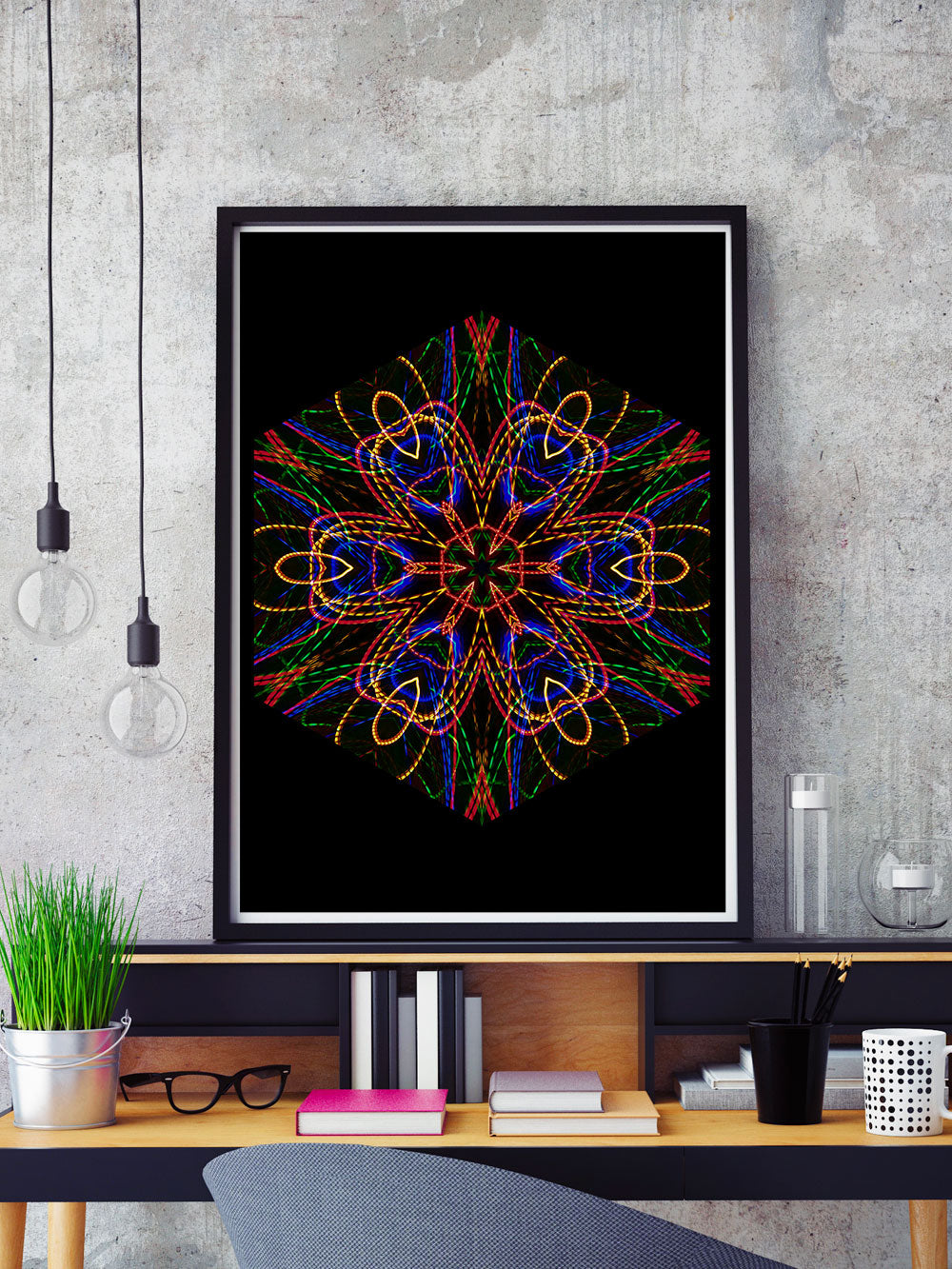 Sacred Heart Mandala Print in a frame on a shelf
