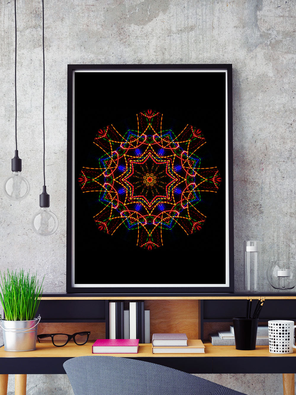 Sacred View Mandala Print in a frame on a shelf