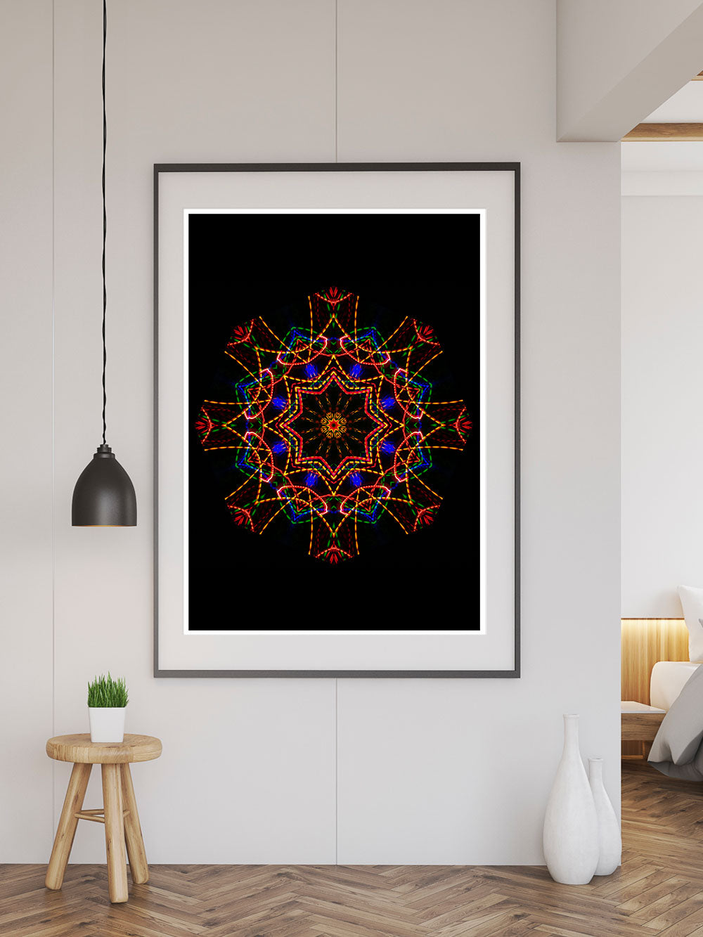 Sacred View Mandala Print in a frame on a wall