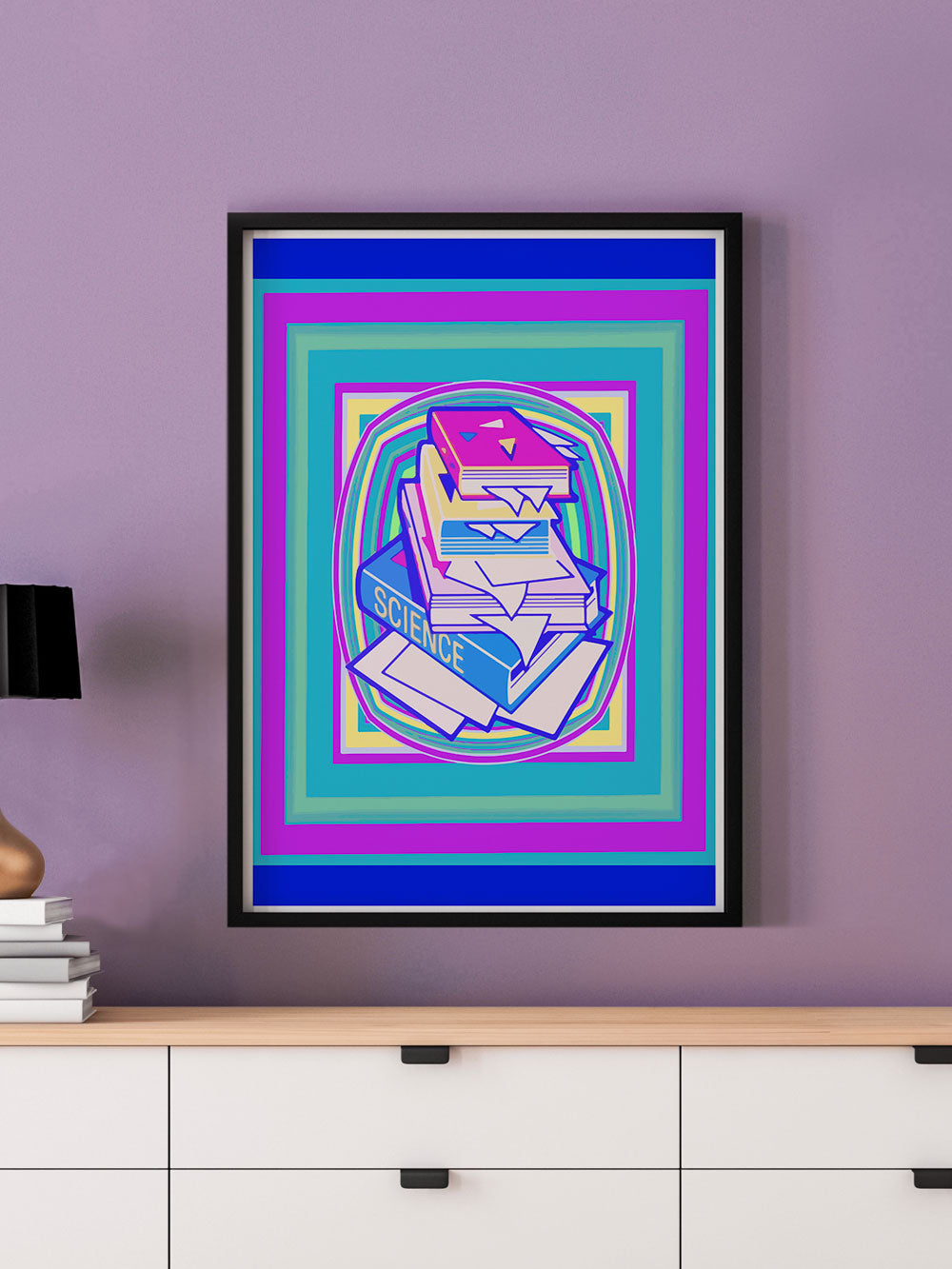 Science Stack Teal Abstract Art Print in a frame on a wall