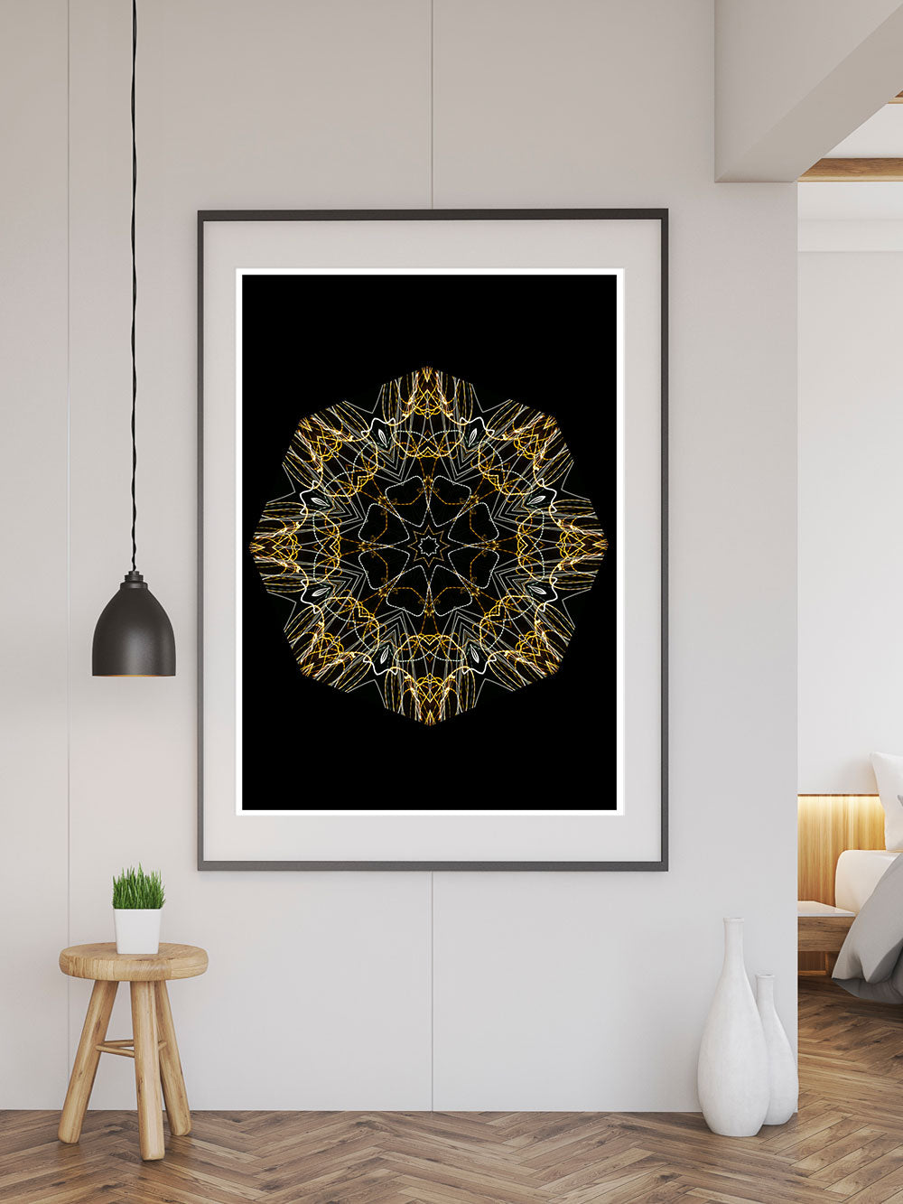 Space Odyssey Mandala Print in a frame on a wall