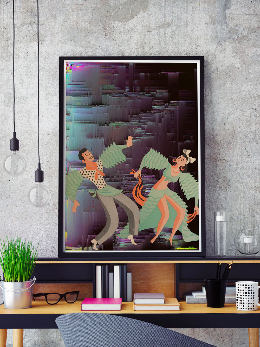 Space Rumba Retro Art Print in a frame on a shelf
