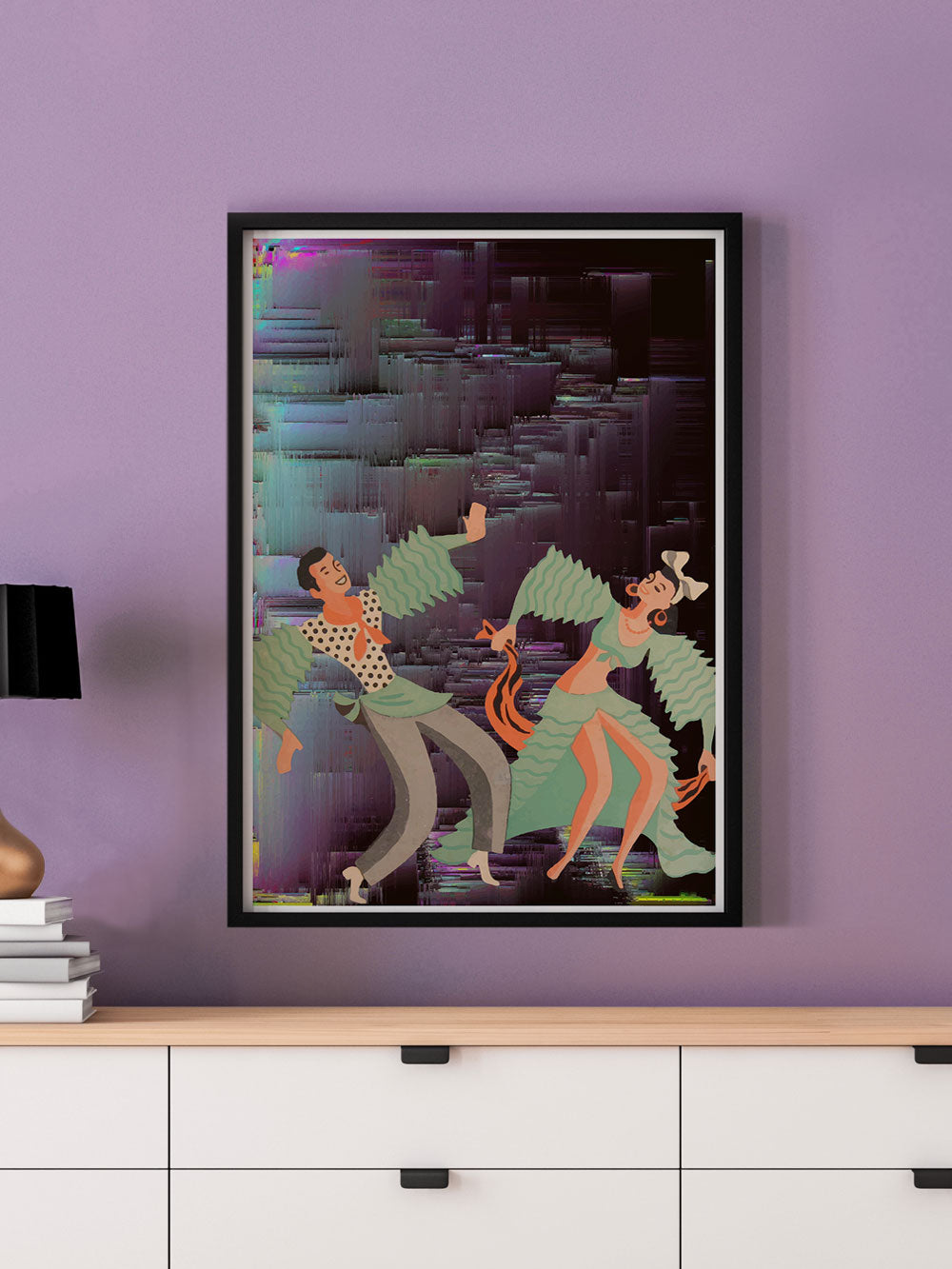 Space Rumba Retro Art Print in a frame on a wall