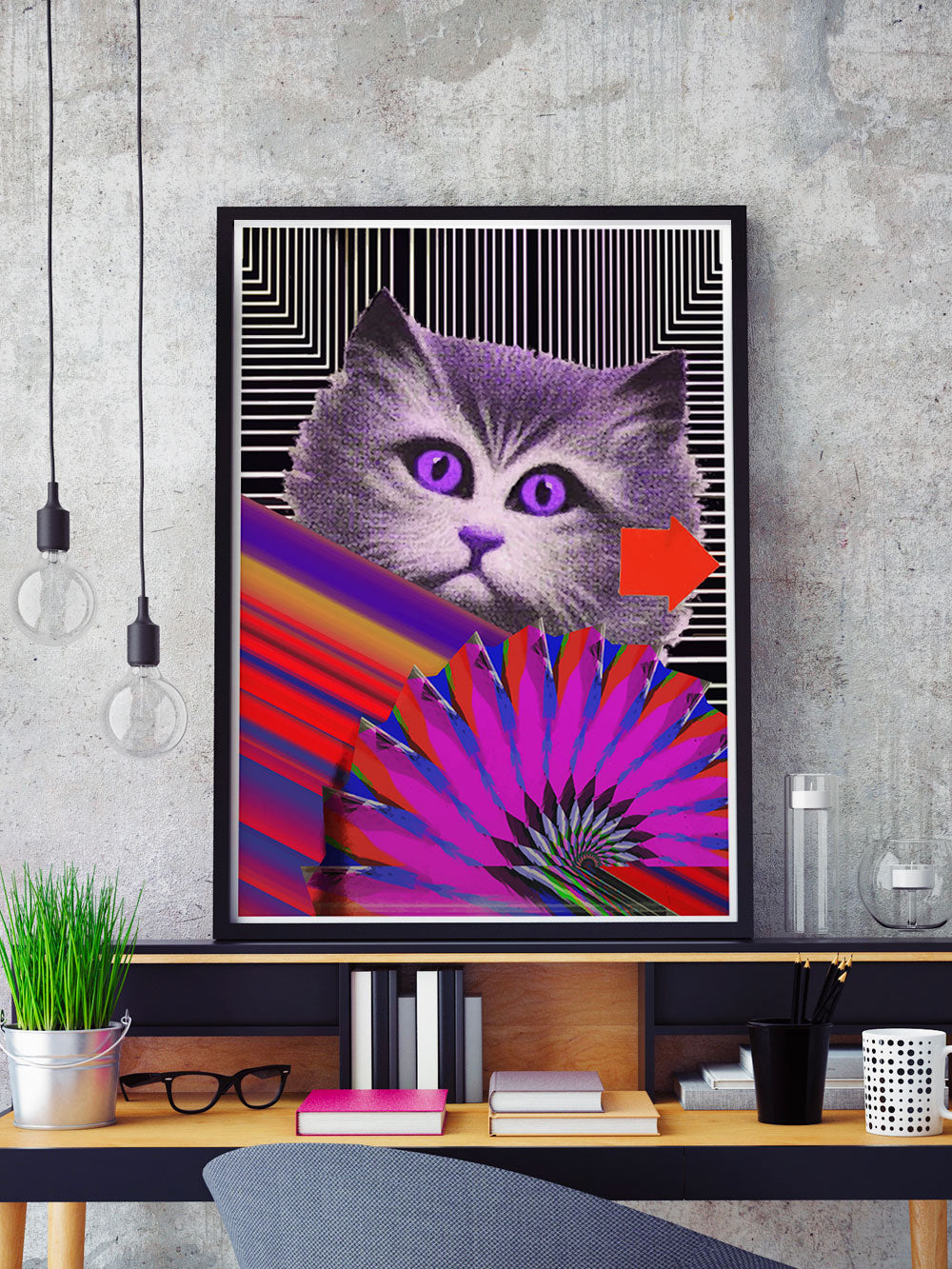Fe-Line Stripey Cat Print in a frame on a shelf