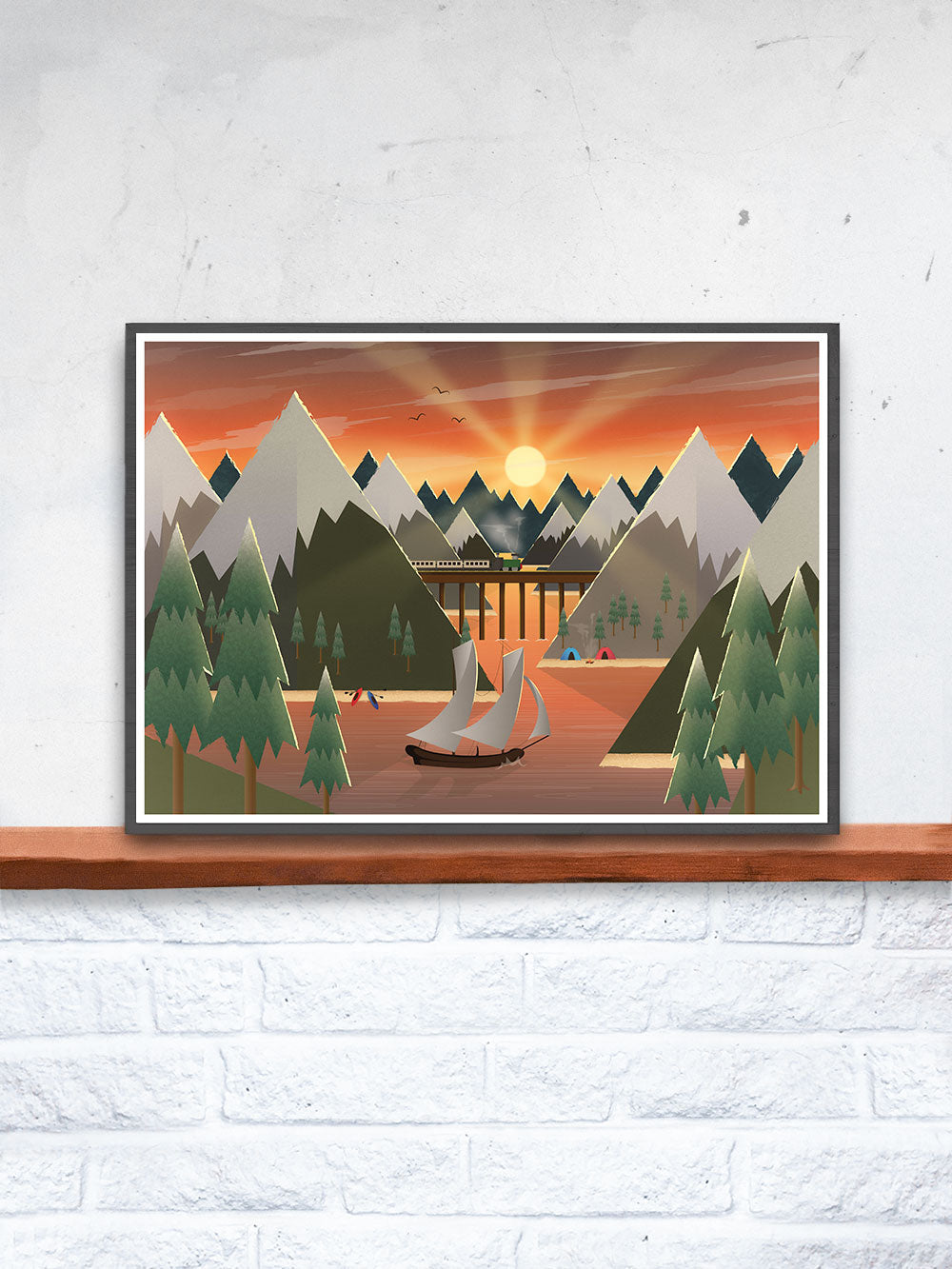 Sunset Lake Illustration Art for Kids in a frame on a shelf