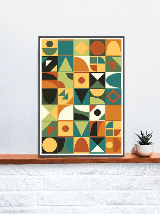 Retro Tone Shapes 70s Wall Poster in a frame on a shelf
