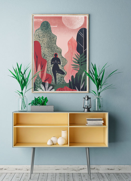 Tree Pose Nature Illustration Art in front of sideboard