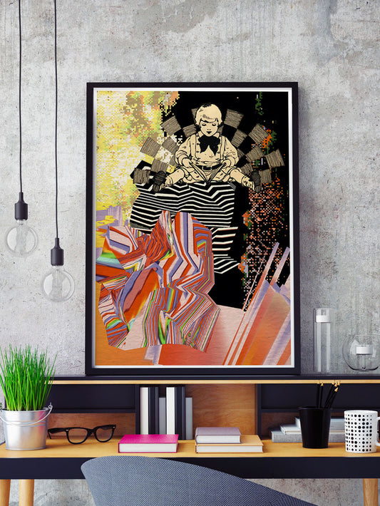 Universal Volume Collage Art Print in a frame on a shelf