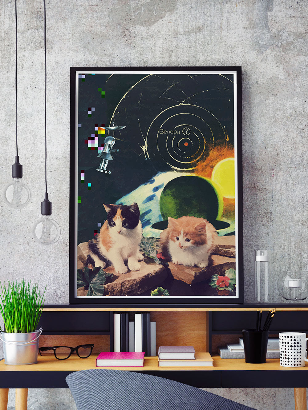 Vega Starcats Retro Cats Print in a frame on a shelf