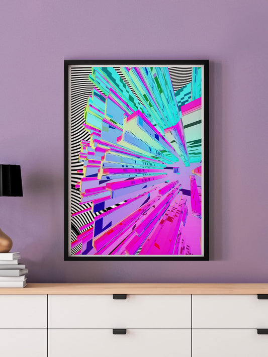 Wavy Crystal Glitch Art Print in a frame on a wall